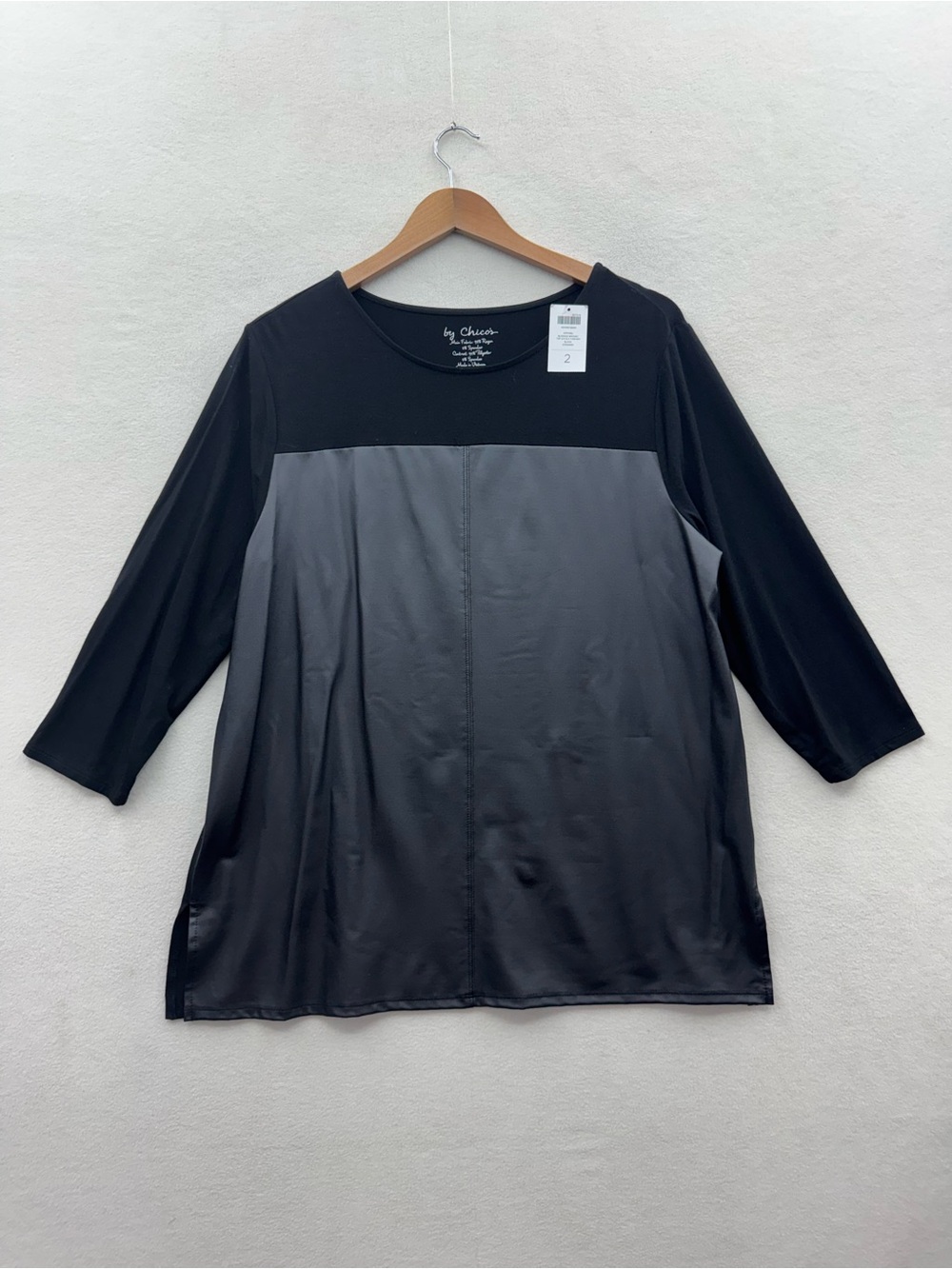 Chico’s Women’s 2 (12) Black Faux Leather Rayon 3/4" Sleeve Blouse Top NWT